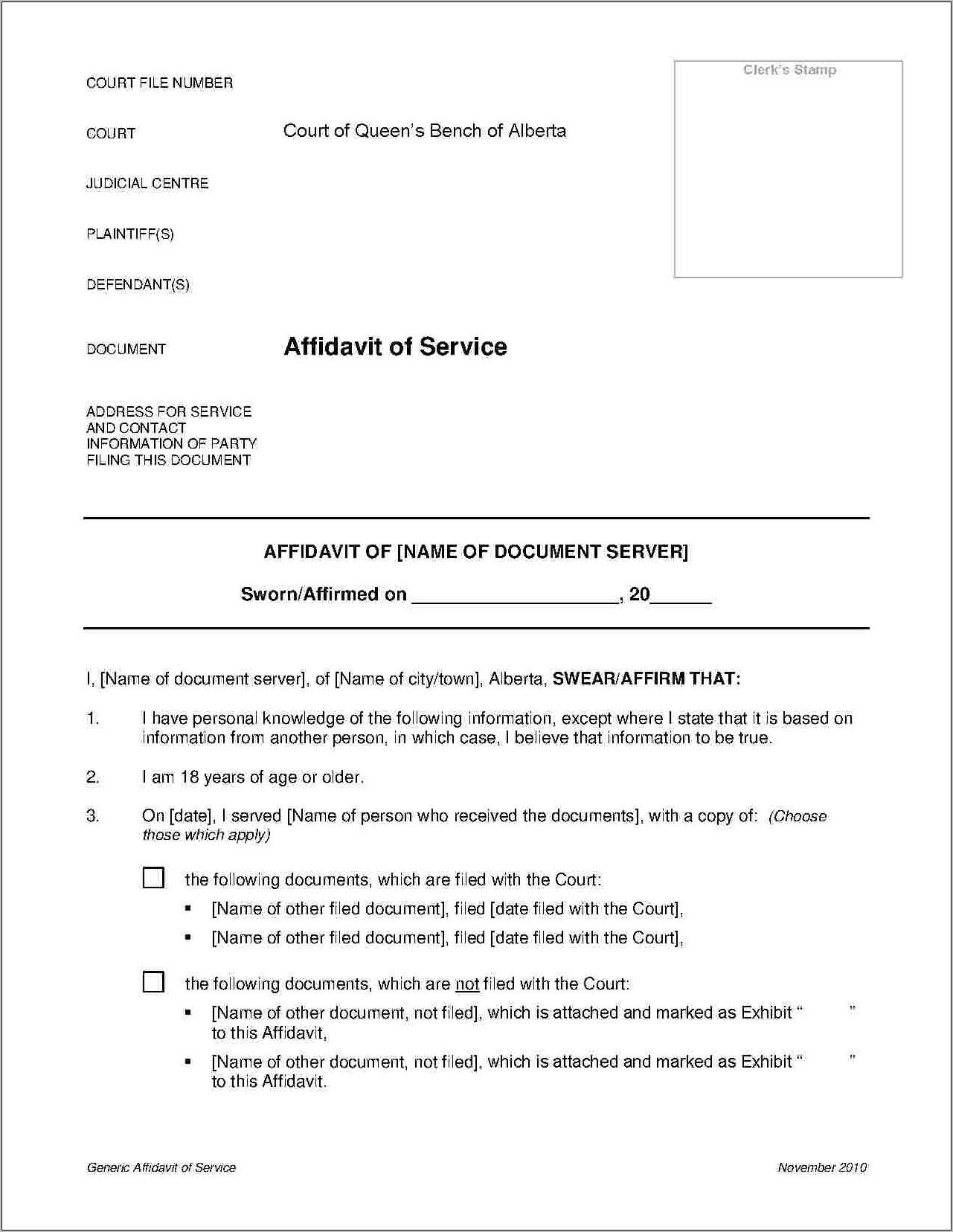 Template For Affidavit Of Service