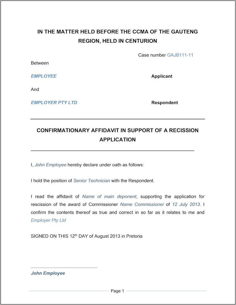 Template For South African Affidavit