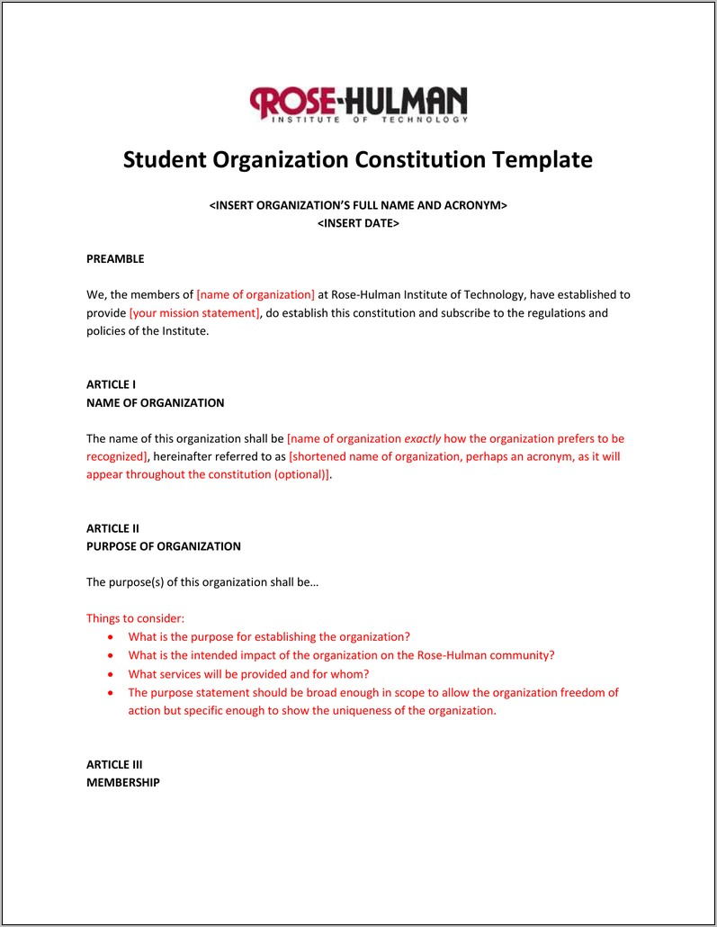 Template For Student Organization Constitution And Bylaws