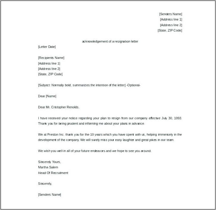 Template Resignation Acceptance Letter Uk