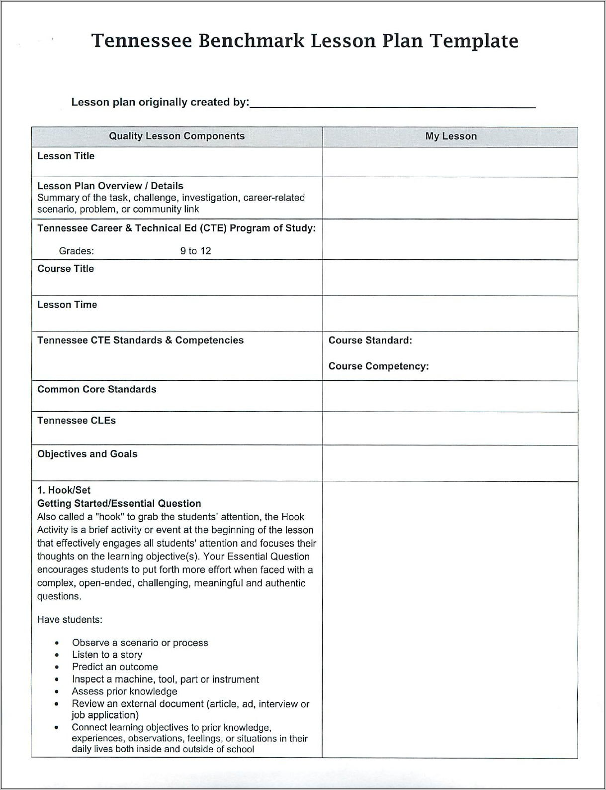 Tennessee Benchmark Lesson Plan Template