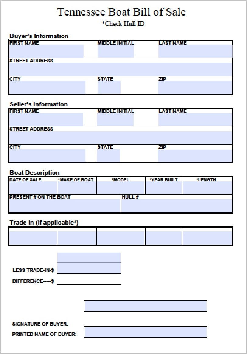 Tennessee Boat Bill Of Sale Form Free