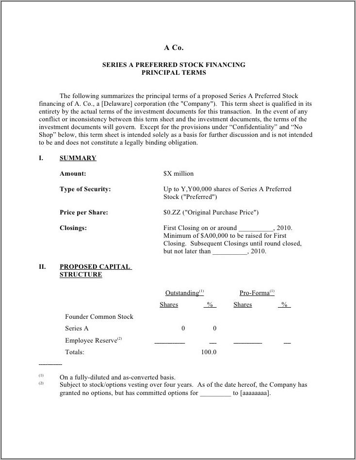 Term Sheet Sample Template