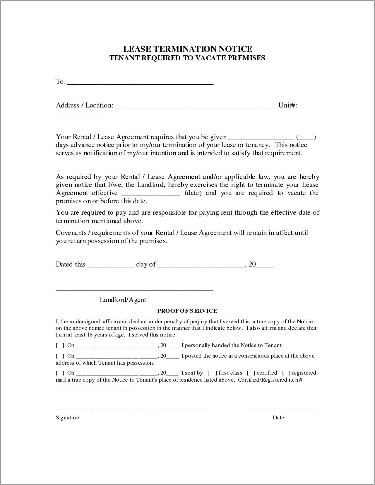 Termination Of Lease Agreement Format