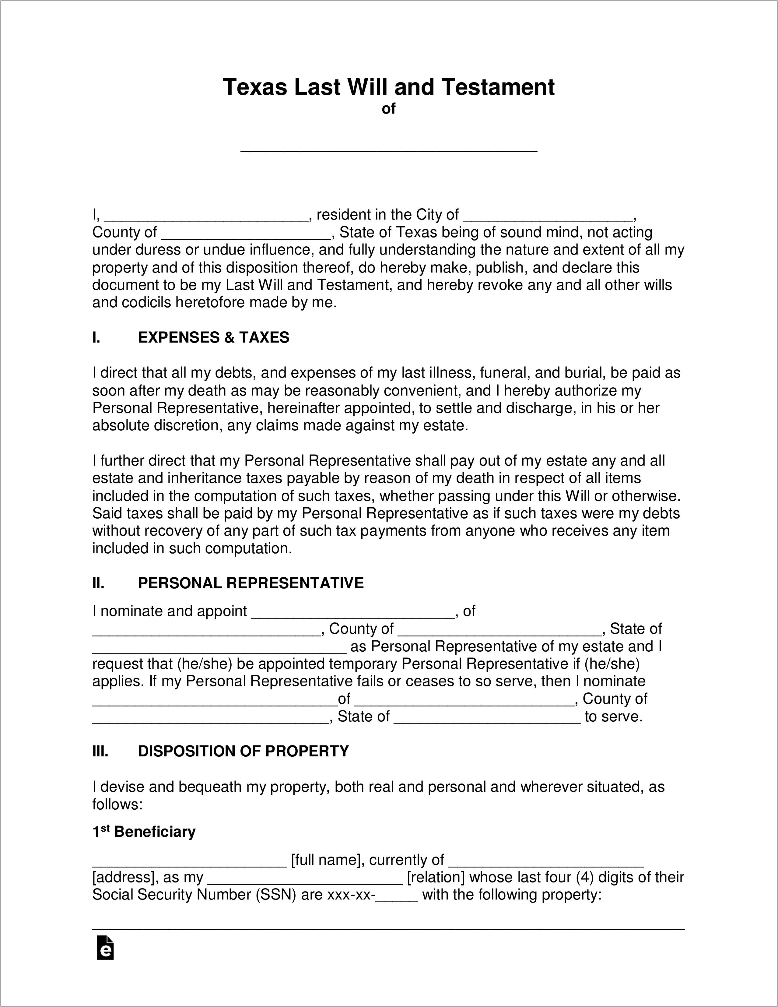 Texas Last Will And Testament Free Template