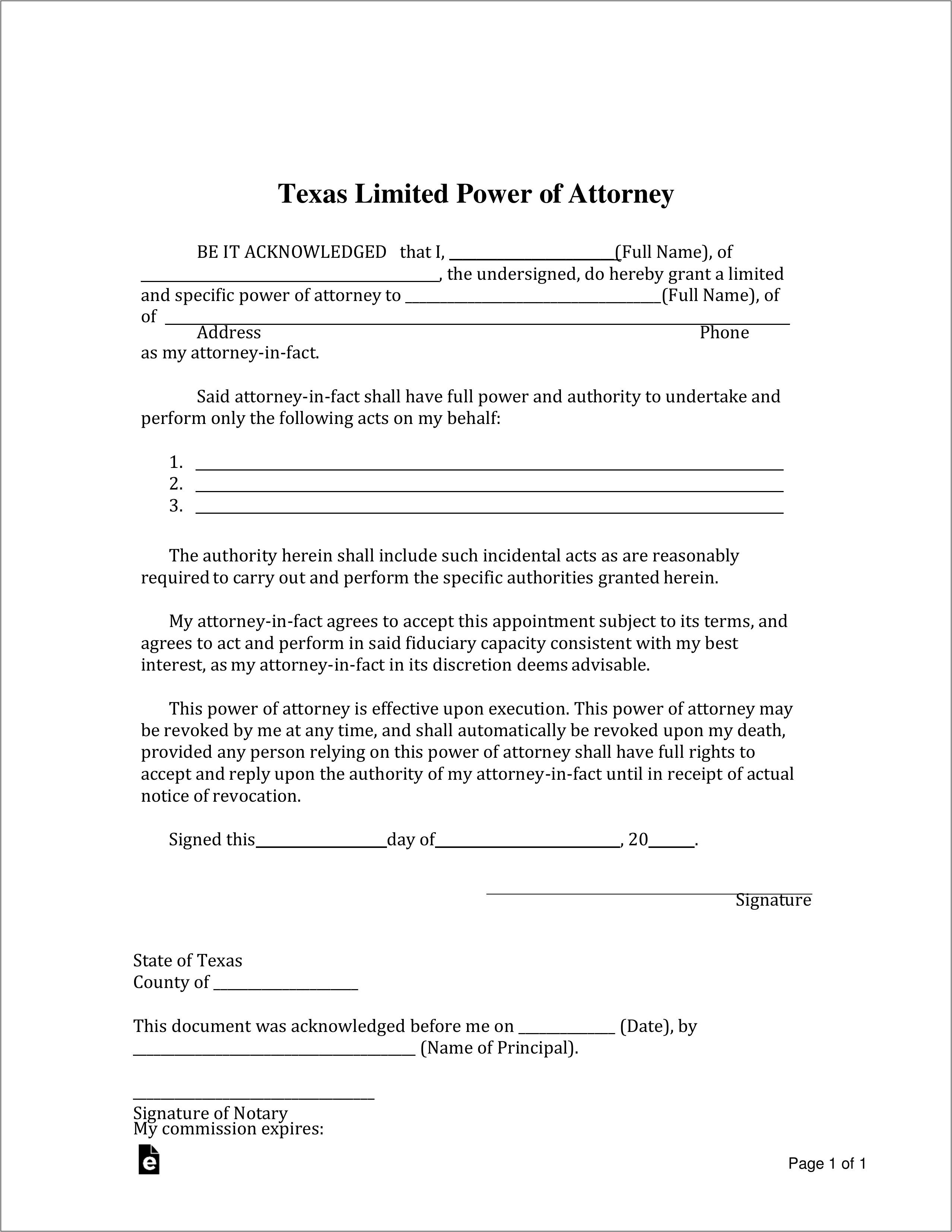 Texas Limited Power Of Attorney Form Pdf