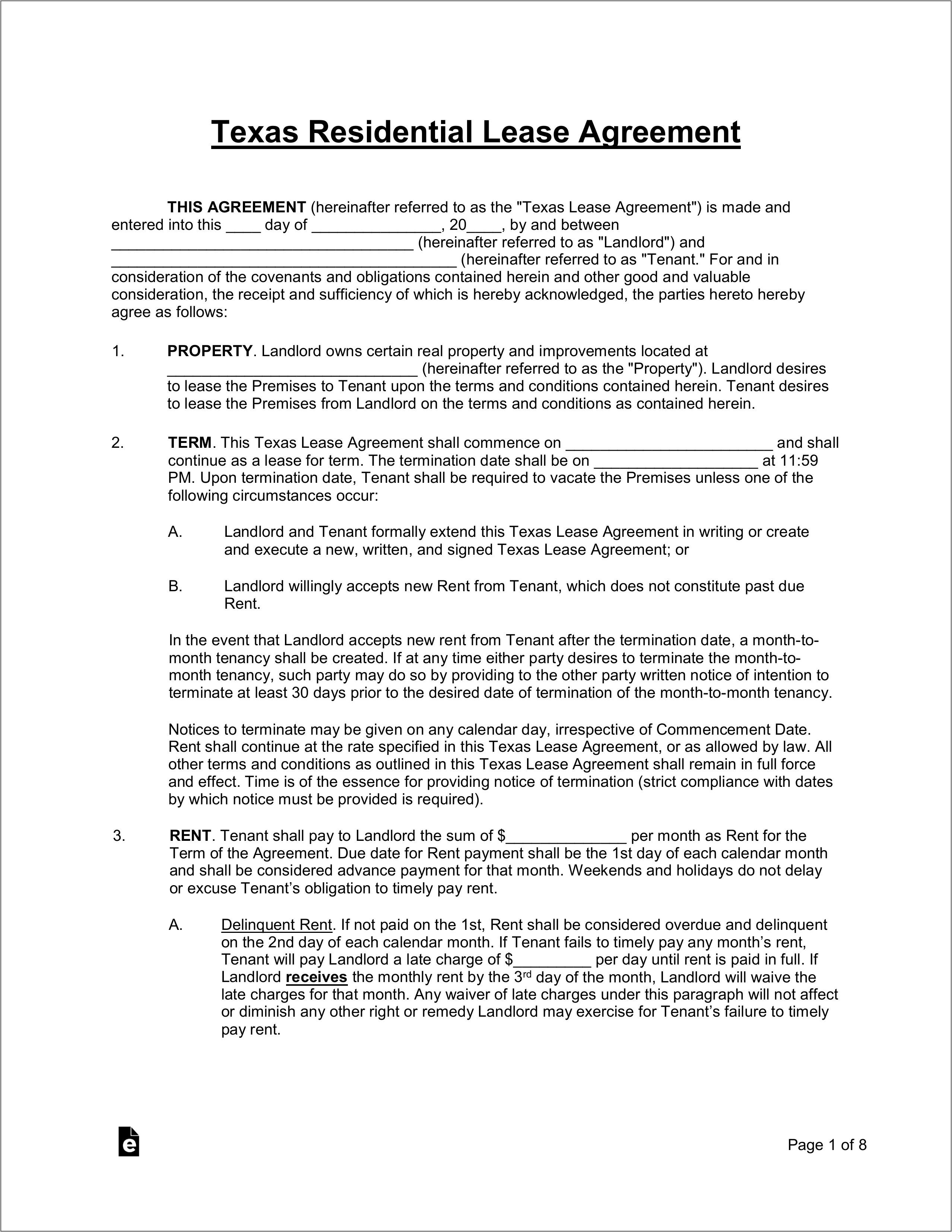 Texas Residential Lease Agreement Template Free