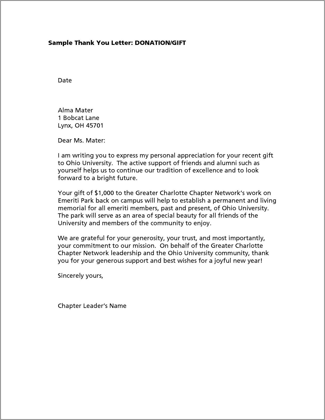 Thank You Letter For Memorial Donation Template