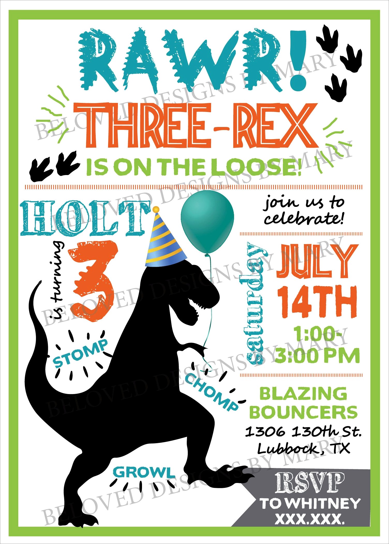 Three Rex Birthday Invitations
