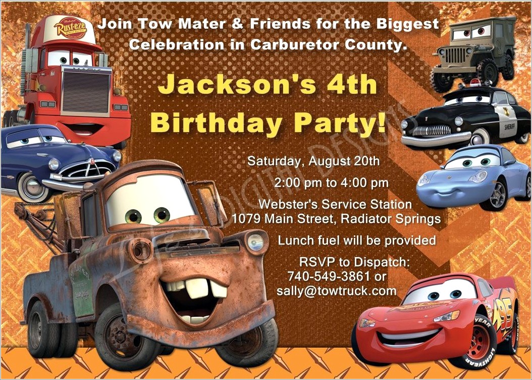 Tow Mater Birthday Invitations