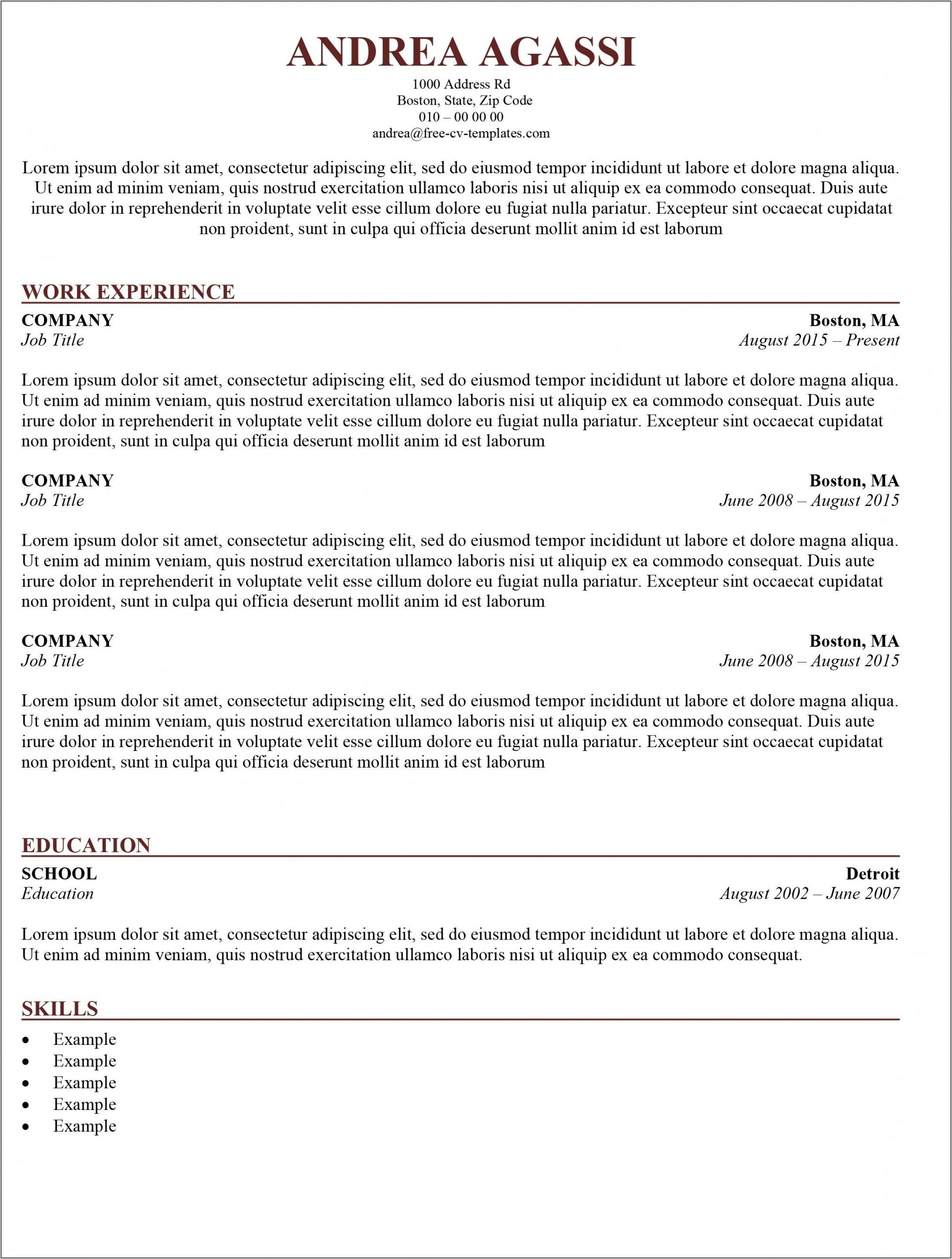 Traditional Resume Template Free