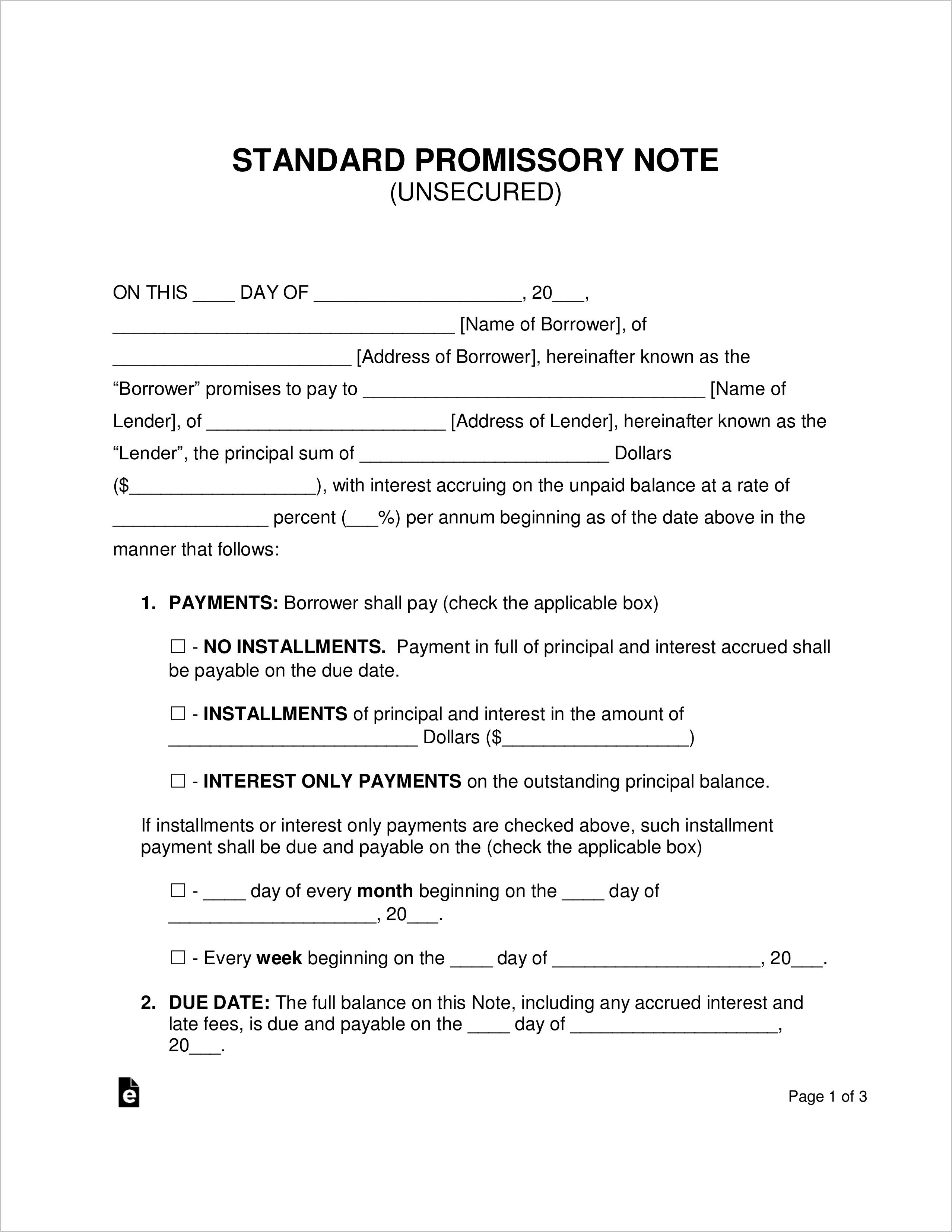 Unsecured Promissory Note Template Word