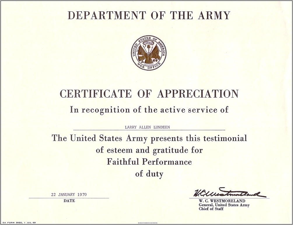 Us Army Certificate Of Achievement Template