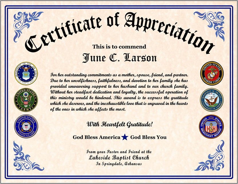 Us Army Certificate Of Appreciation Template