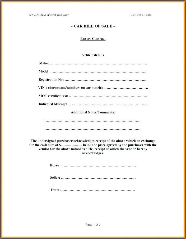 Used Car Contract Template Free