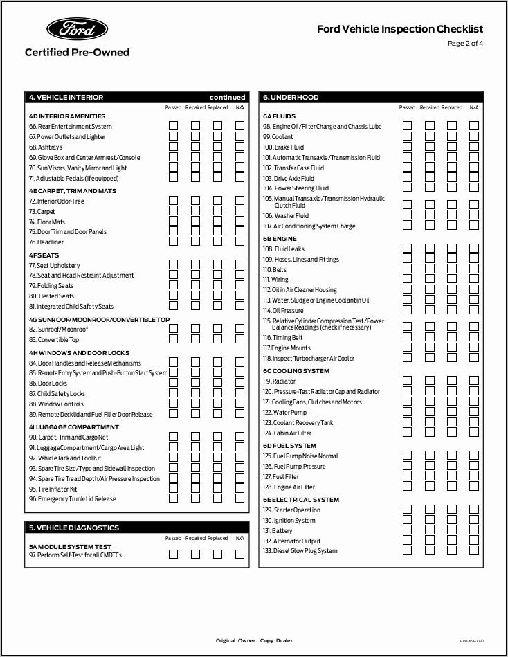 Used Car Inspection Checklist Form