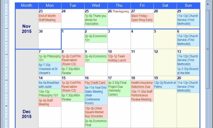 Vacation Calendar Template Word