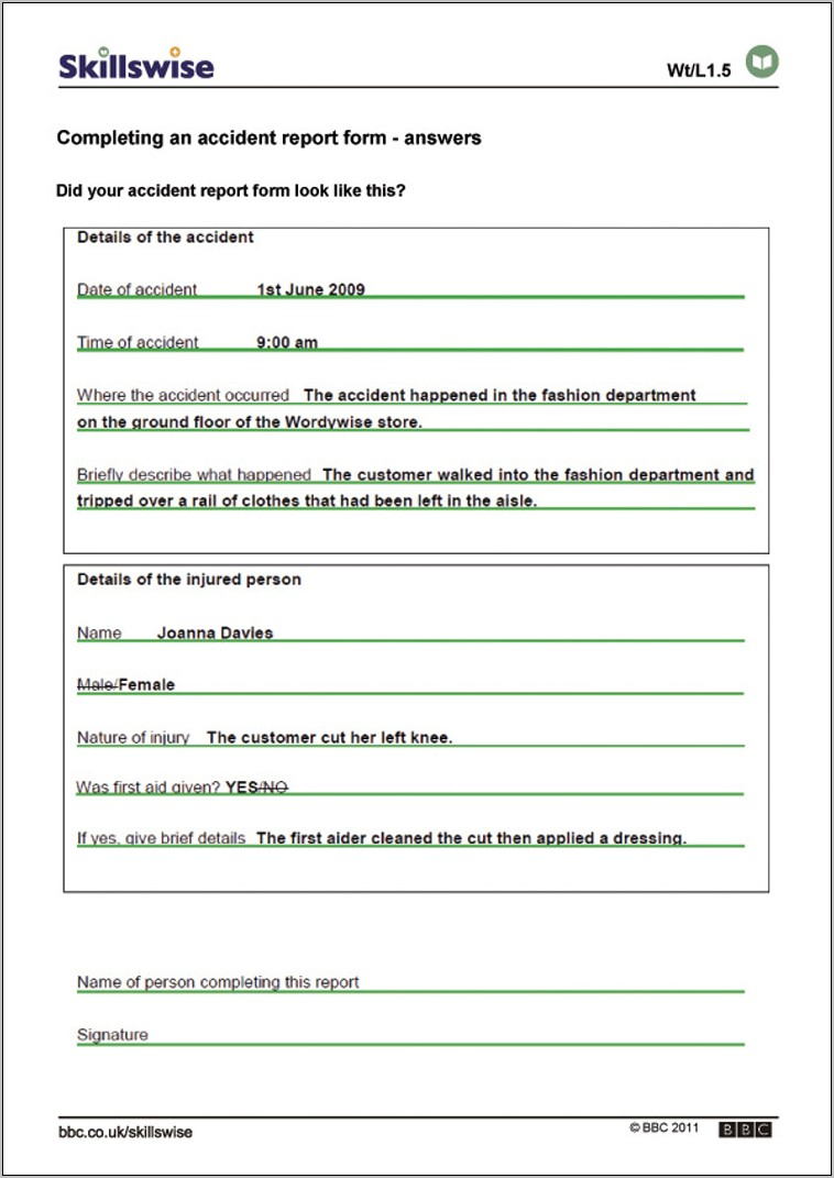 Vehicle Accident Report Form Template Uk