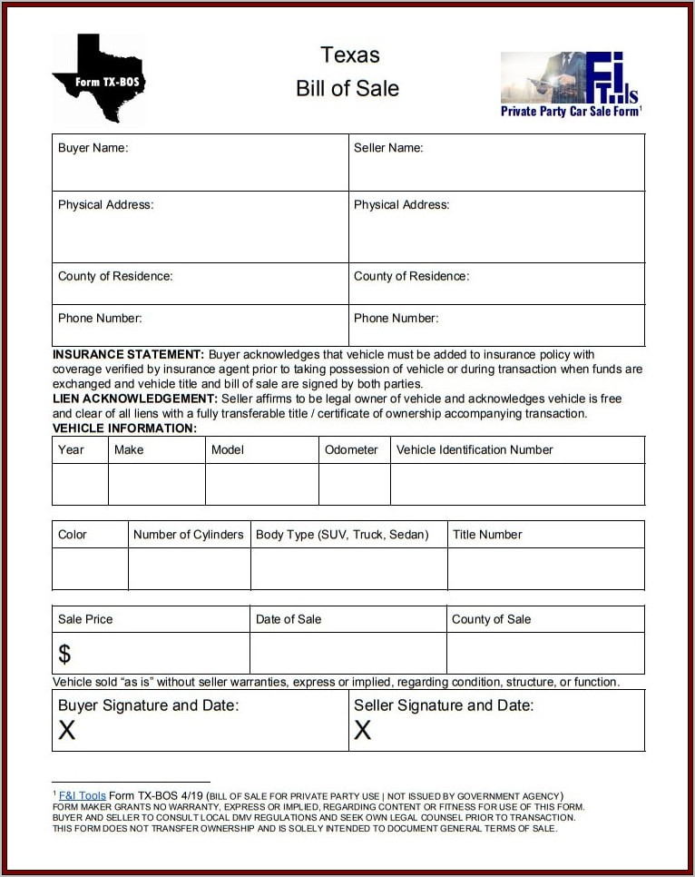 Vehicle Bill Of Sale Form Texas