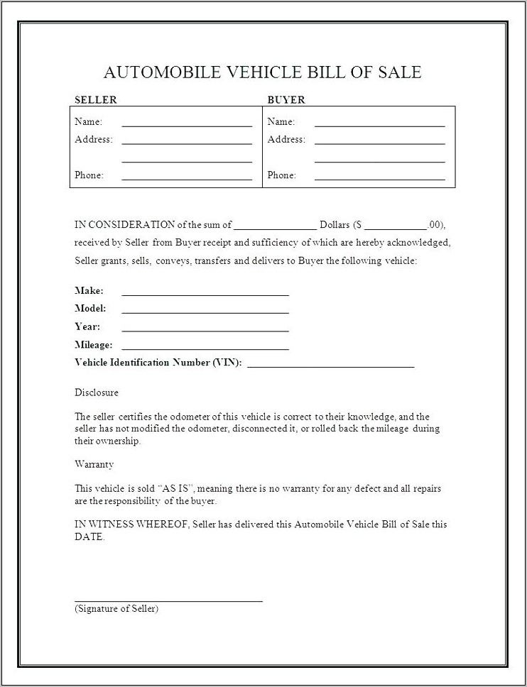 Vehicle Bill Of Sale Template Fillable Pdf