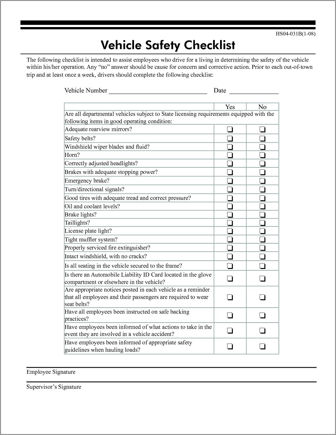 Vehicle Checklist Form Pdf