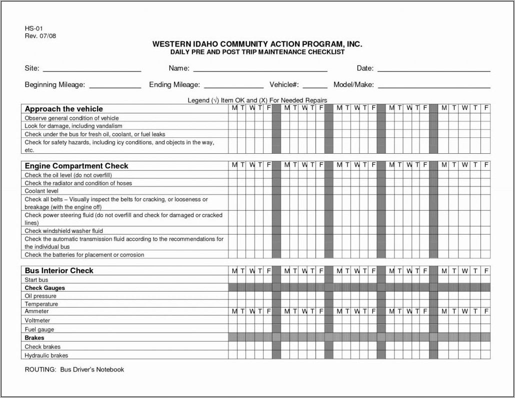 Vehicle Inspection Sheet Template Pdf