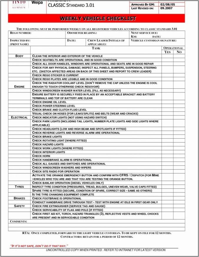 Vehicle Maintenance Checklist Format