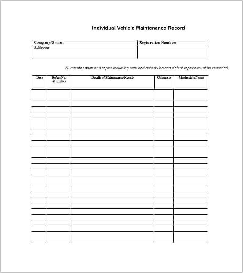 Vehicle Maintenance Log Template Word