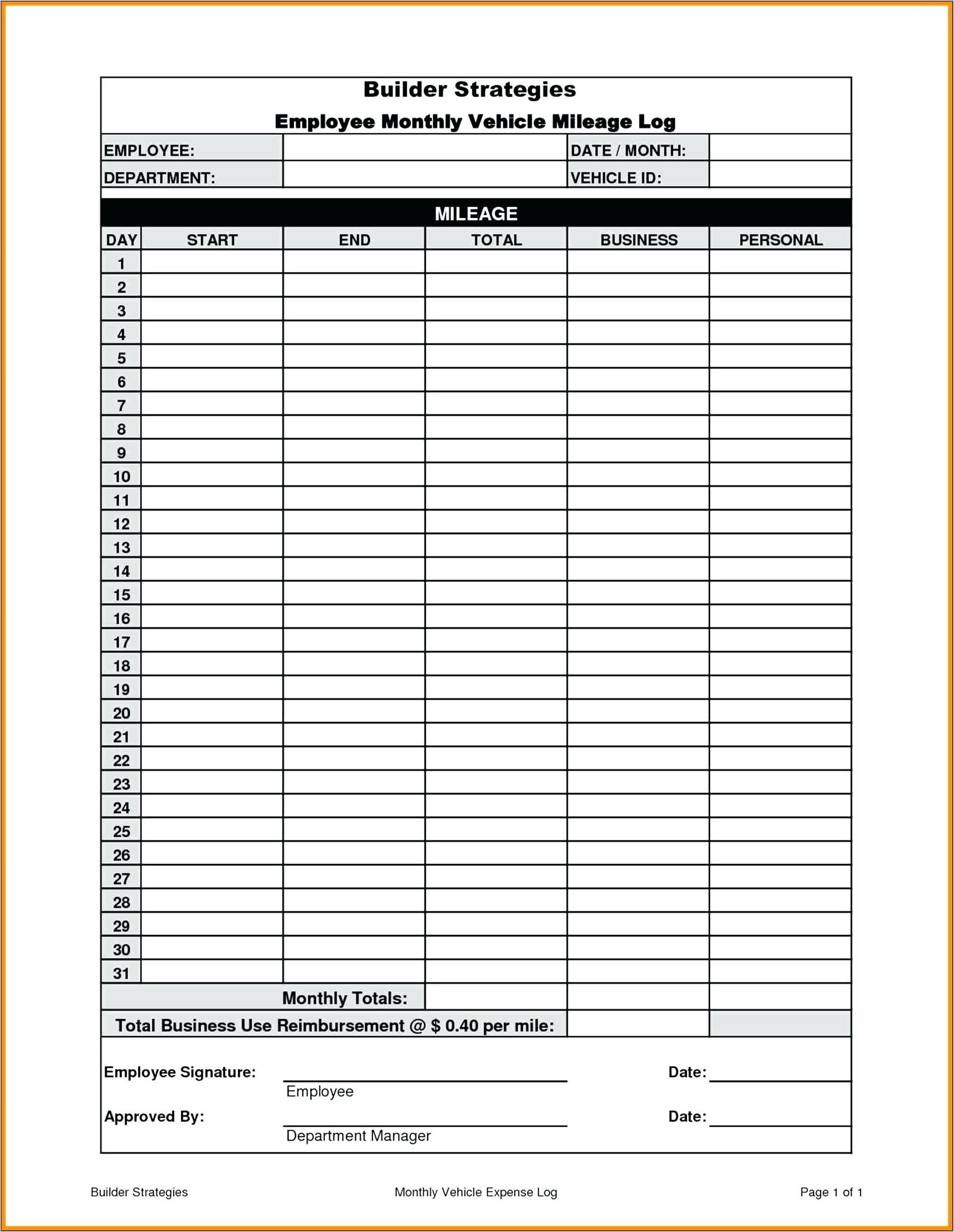 Vehicle Mileage Log Template Download