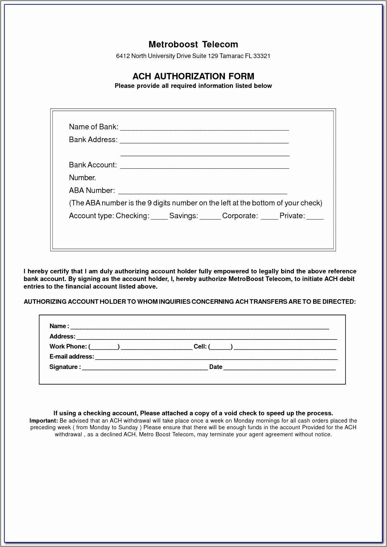 Vendor Ach Payment Authorization Form Template