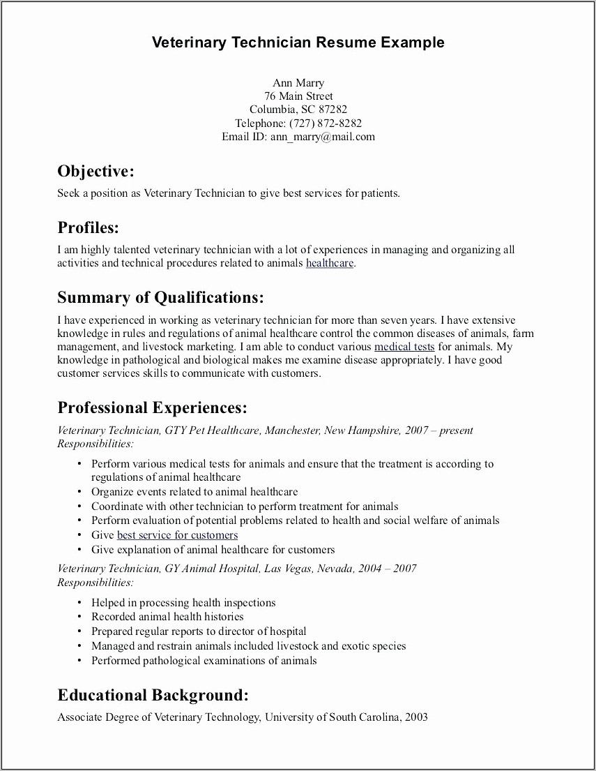 Vet Tech Resume Format