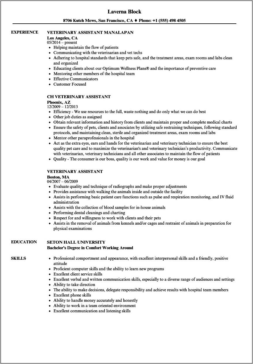 Veterinary Assistant Resume Example