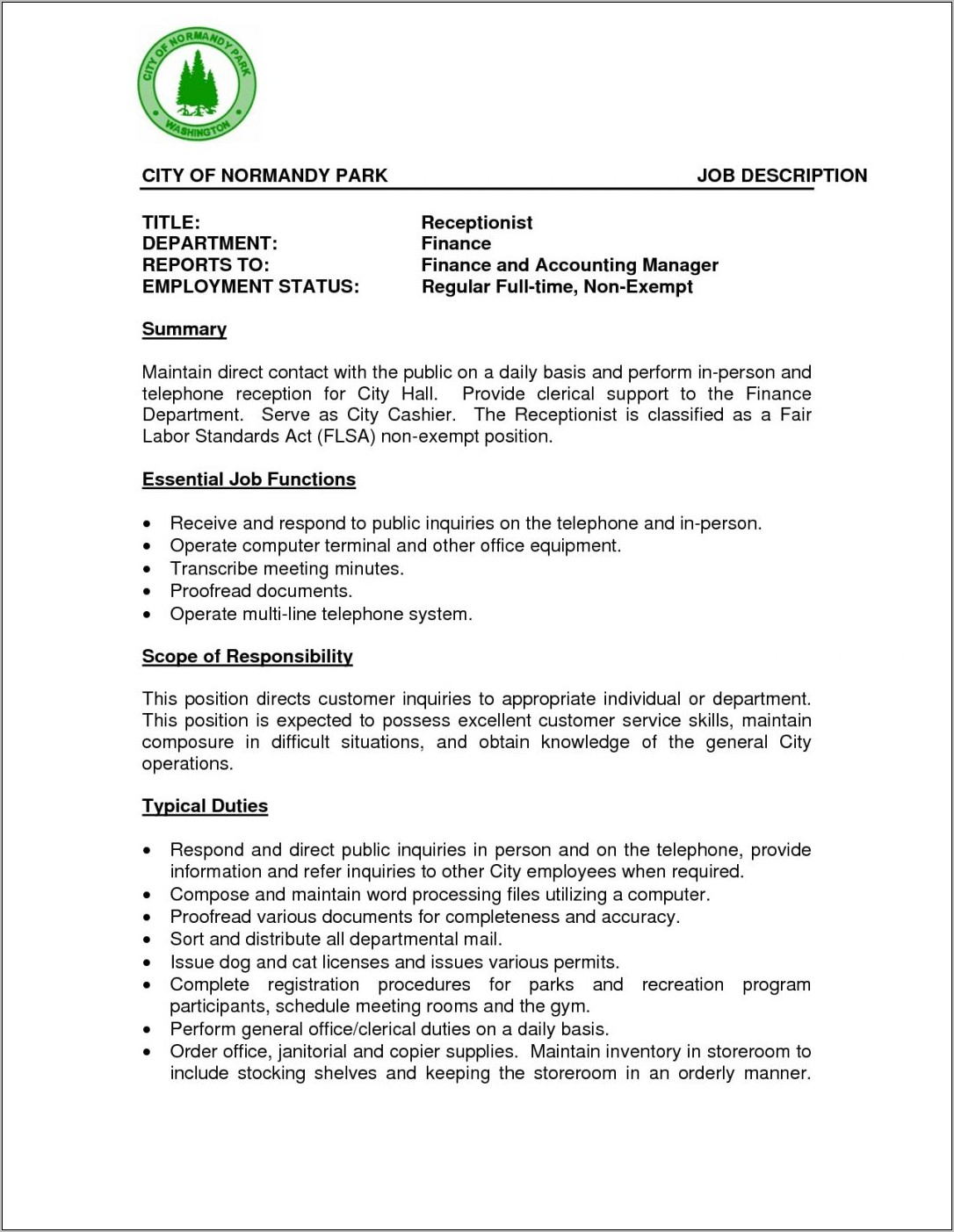 Veterinary Receptionist Job Description Sample Resume