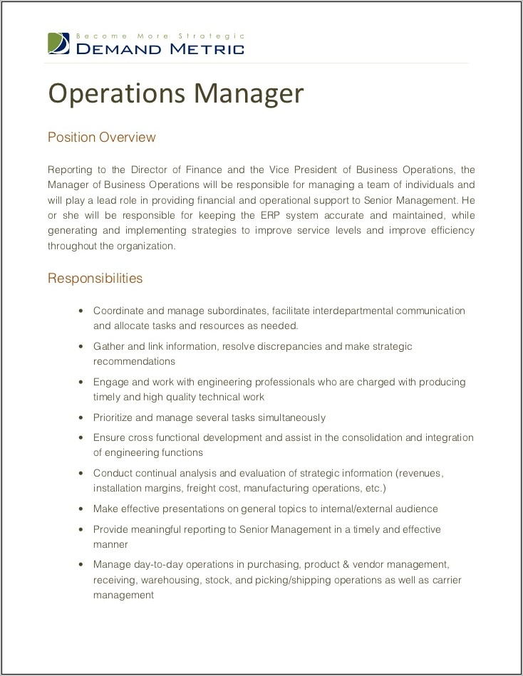 Vice President Of Operations Job Description Samples