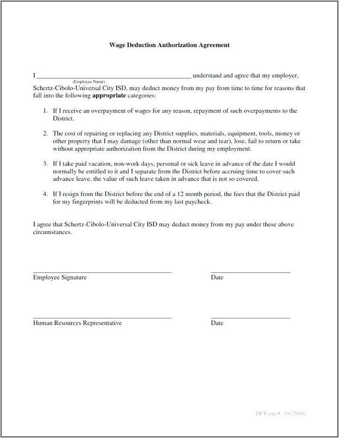 Wage Deduction Authorization Agreement Template