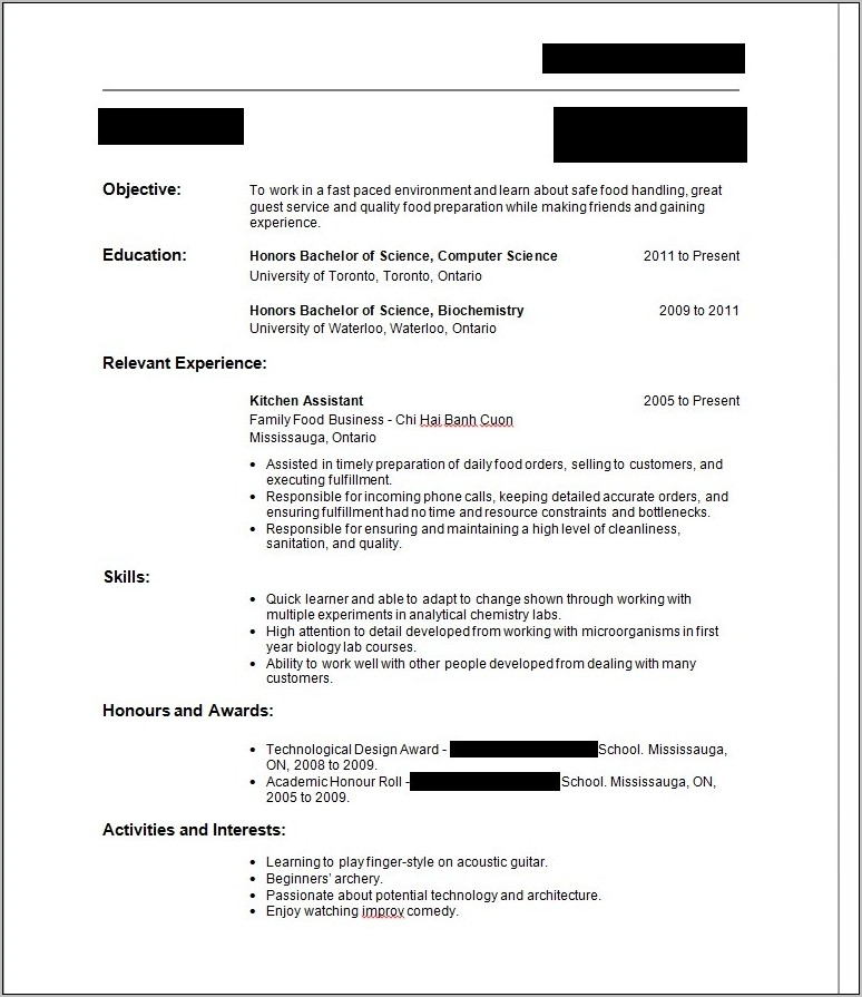 Waiter Resume Sample No Experience