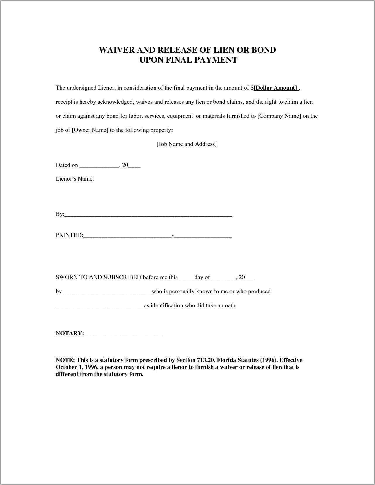 Waiver Of Lien Form Texas