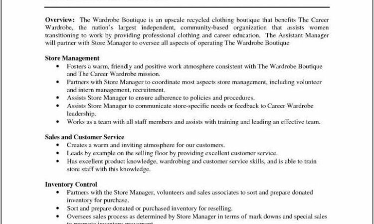 Warehouse Assistant Manager Job Description For Resume