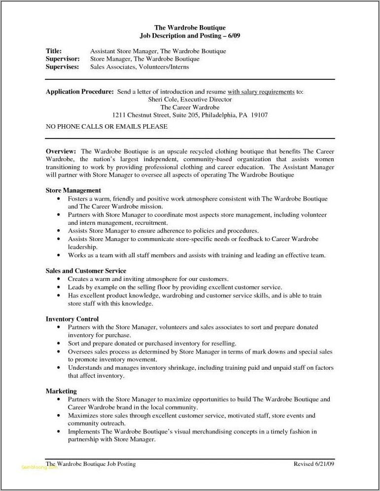 Warehouse Assistant Manager Job Description For Resume