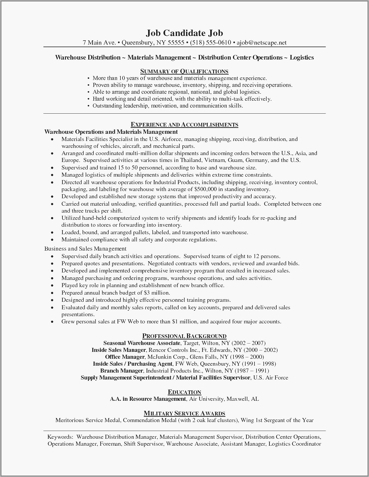 Warehouse Management Resume Example