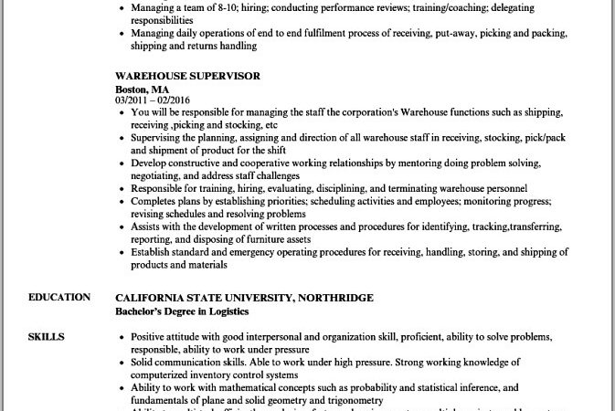 Warehouse Management Resume Sample