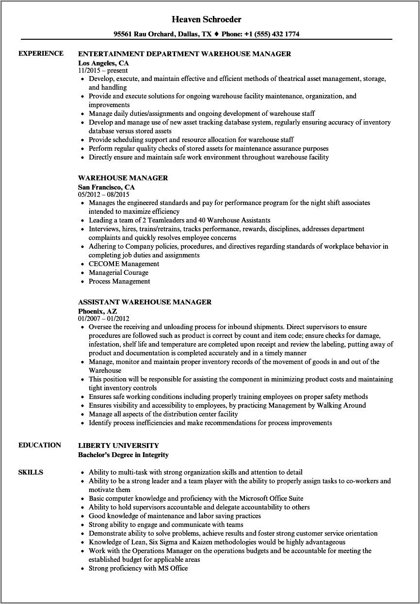 Warehouse Manager Job Description Resume Sample