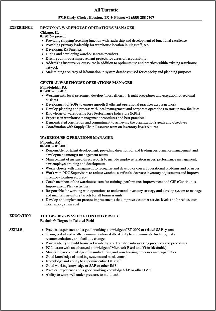 Warehouse Operations Manager Job Description Sample