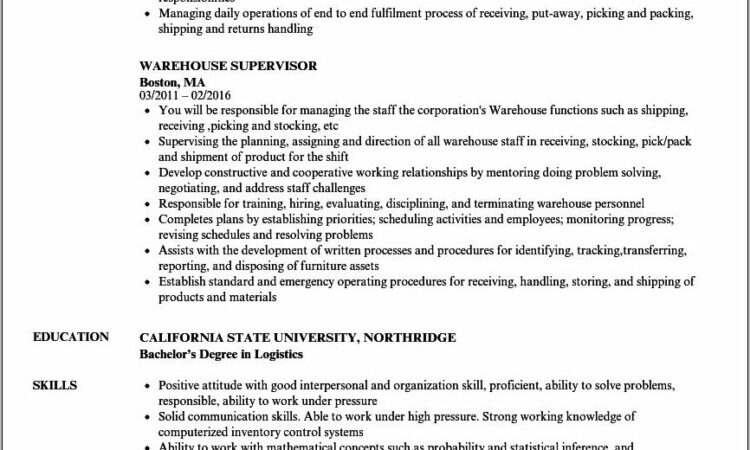 Warehouse Supervisor Cv Format