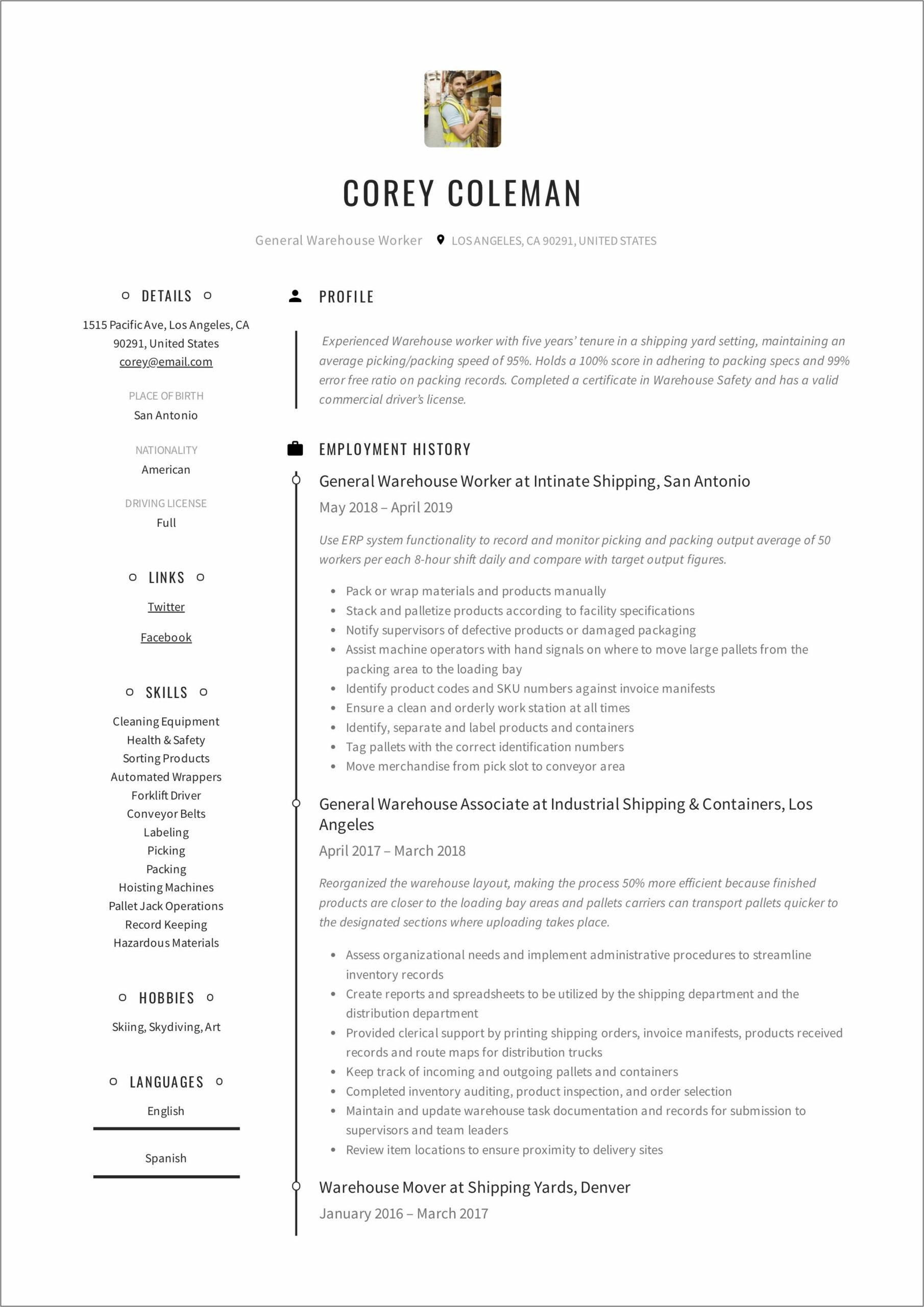 Warehouse Worker Resume Templates
