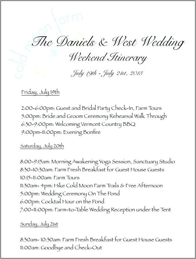 Wedding Day Itinerary Template Free