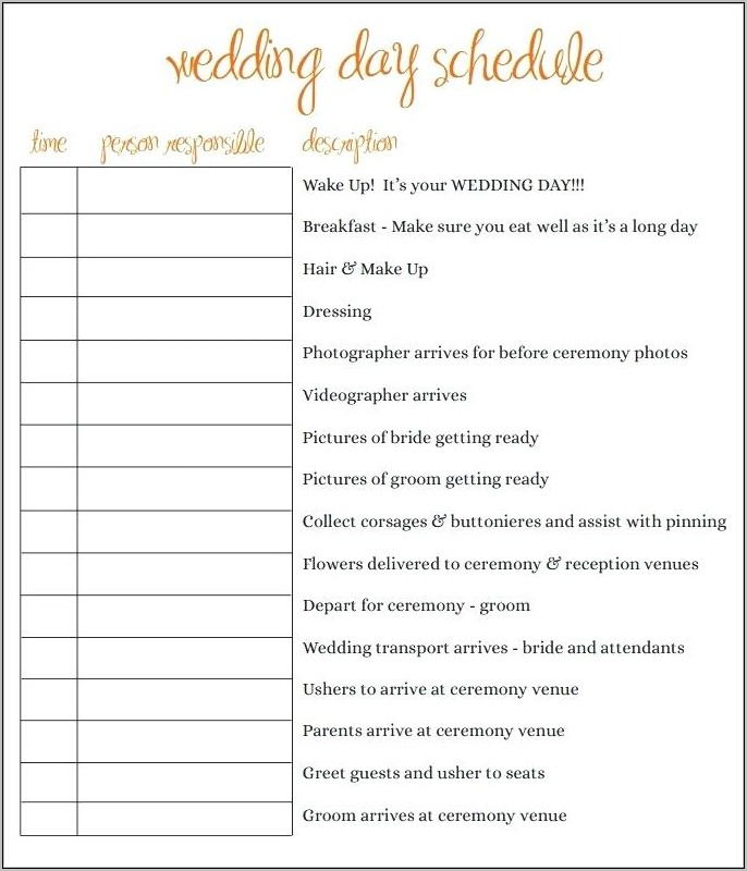 Wedding Day Schedule Template Printable