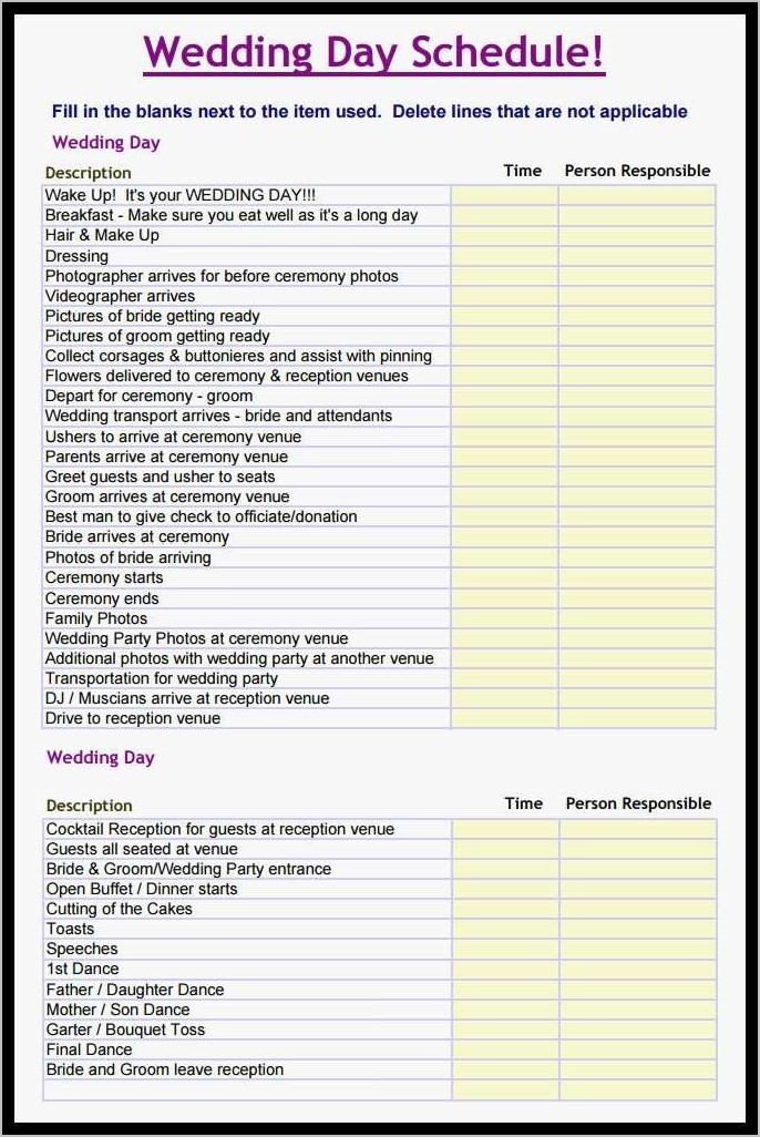 Wedding Day Timeline Schedule Template