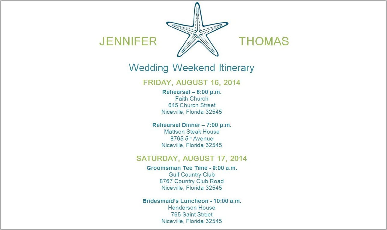 Wedding Itinerary Timeline Template