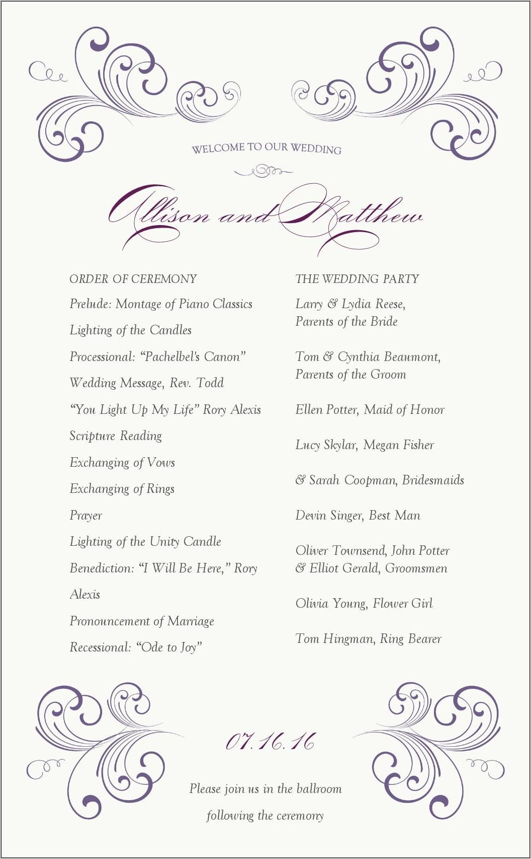 Wedding Program Examples One Page